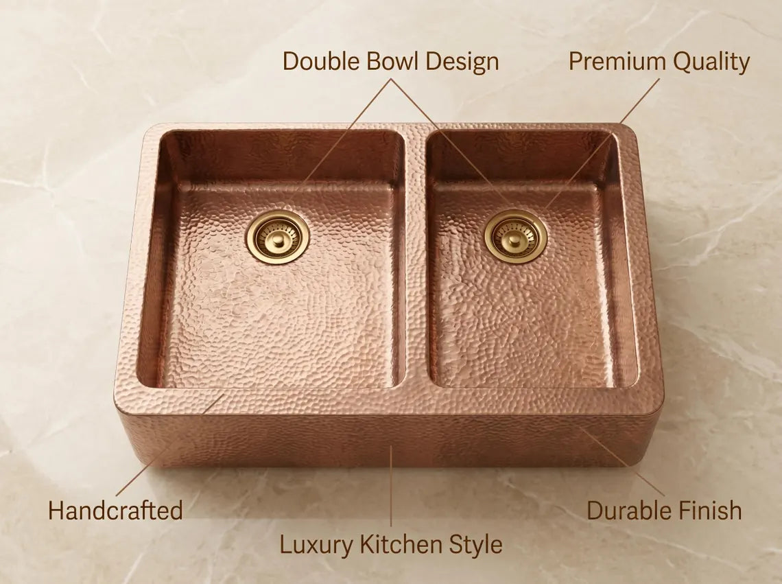 Hammered Copper Double Bowl Farmhouse Sink – Moroccan Artisan Apron Front Kitchen Sink
