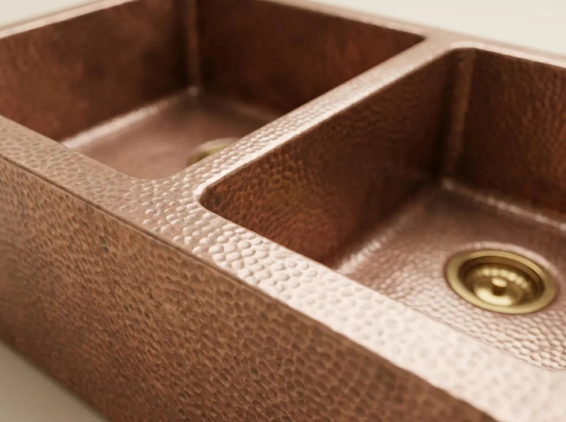 Hammered Copper Double Bowl Farmhouse Sink – Moroccan Artisan Apron Front Kitchen Sink