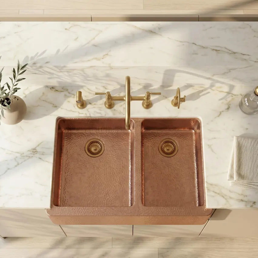 Hammered Copper Double Bowl Farmhouse Sink – Moroccan Artisan Apron Front Kitchen Sink