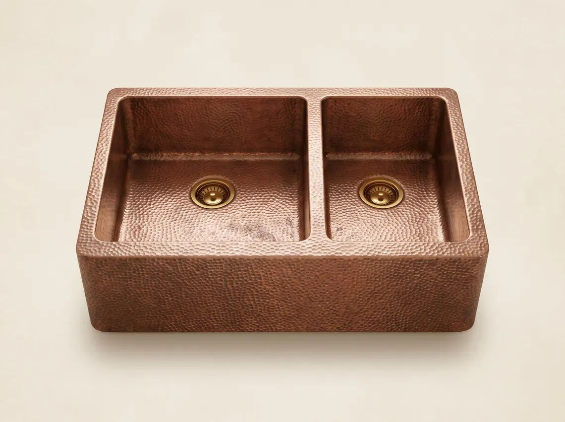 Hammered Copper Double Bowl Farmhouse Sink – Moroccan Artisan Apron Front Kitchen Sink