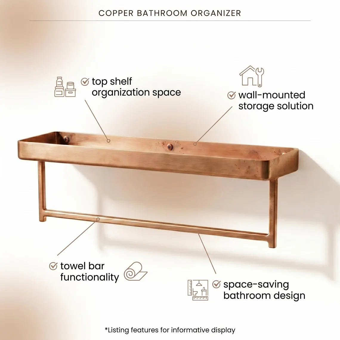 Unlacquered Copper Bathroom Shelf with Towel Bar | Moroccan Artisan Storage Rack