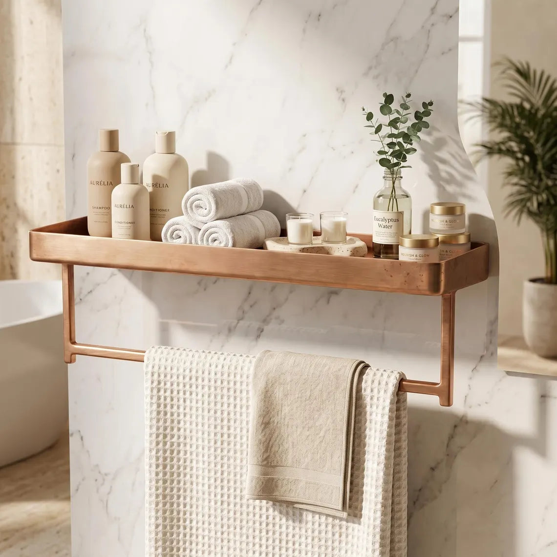 Unlacquered Copper Bathroom Shelf with Towel Bar | Moroccan Artisan Storage Rack