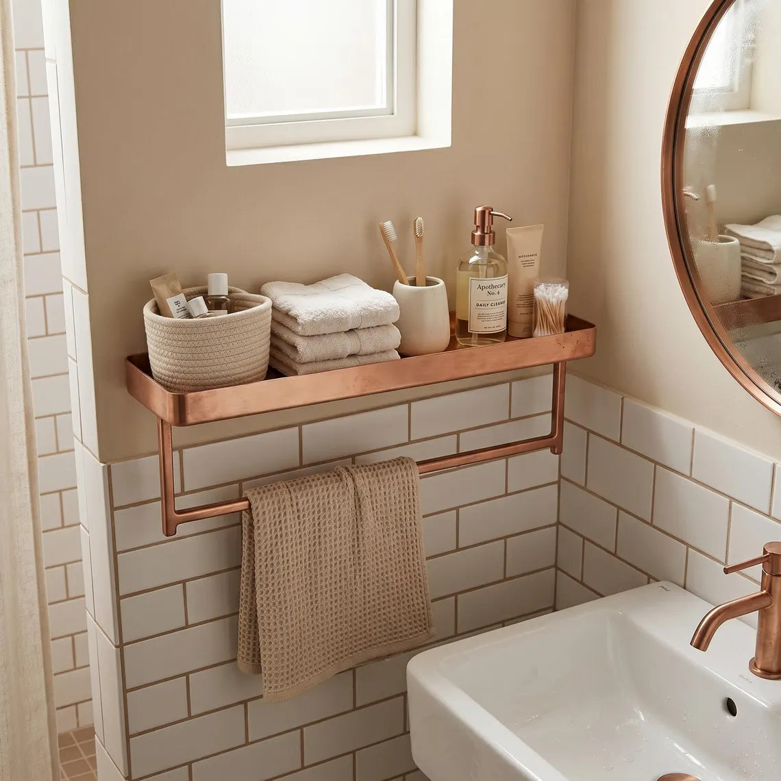 Bathroom shelf with towels and toiletries against a white wall