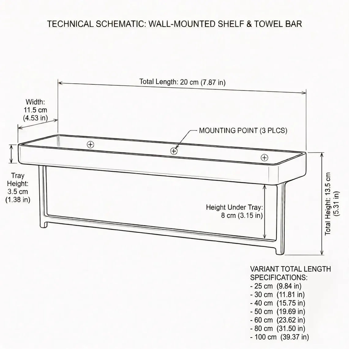 Technical schematic of a wall-mounted shelf and towel bar with dimensions.