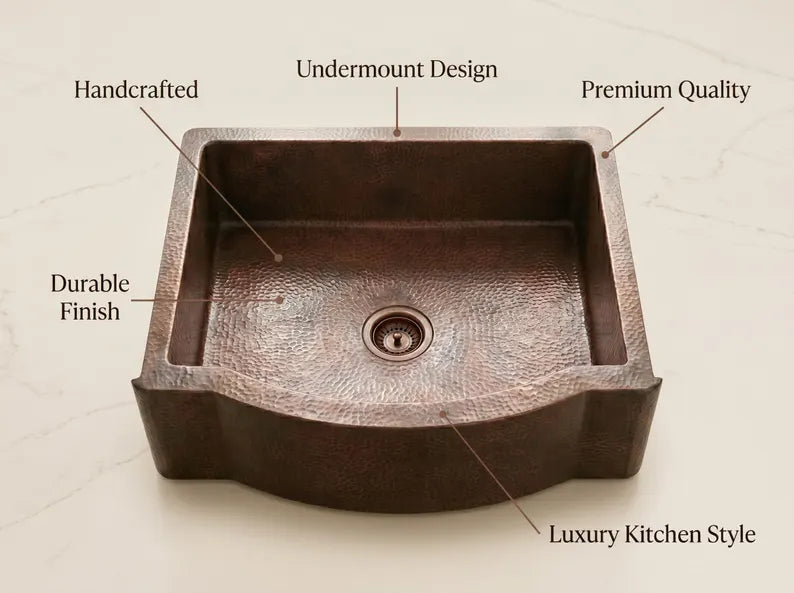 Hammered Copper Farmhouse Sink – Single Basin, Apron Front, Moroccan Artisan Kitchen Sink