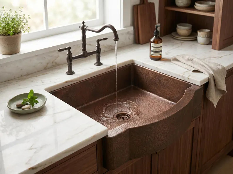 Hammered Copper Farmhouse Sink – Single Basin, Apron Front, Moroccan Artisan Kitchen Sink