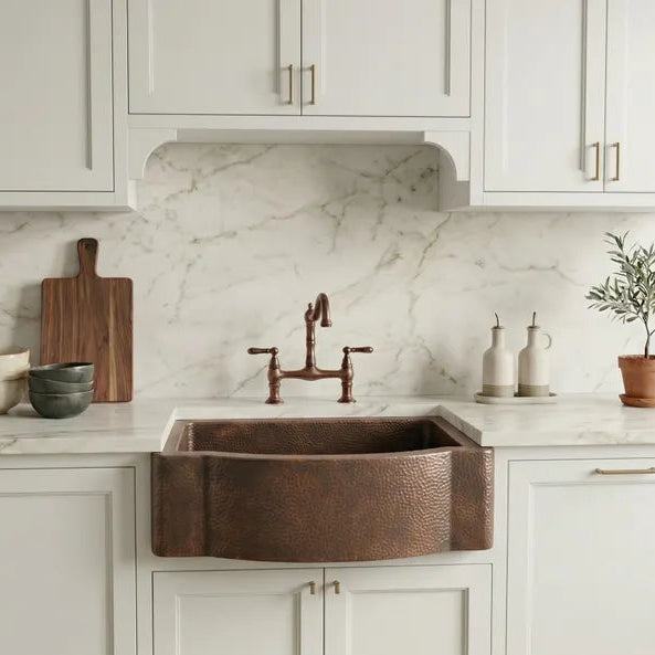 Hammered Copper Farmhouse Sink – Single Basin, Apron Front, Moroccan Artisan Kitchen Sink