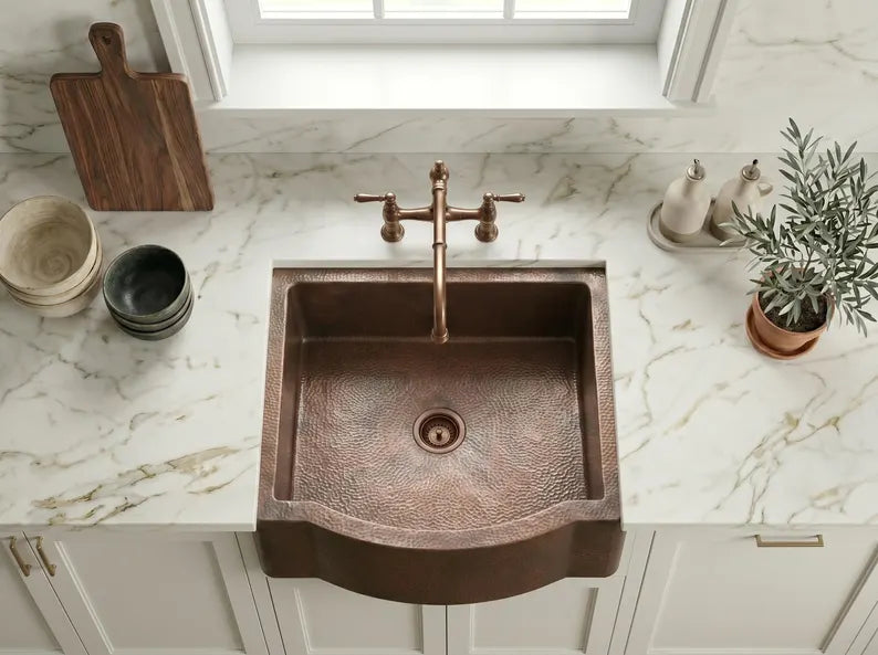 Hammered Copper Farmhouse Sink – Single Basin, Apron Front, Moroccan Artisan Kitchen Sink