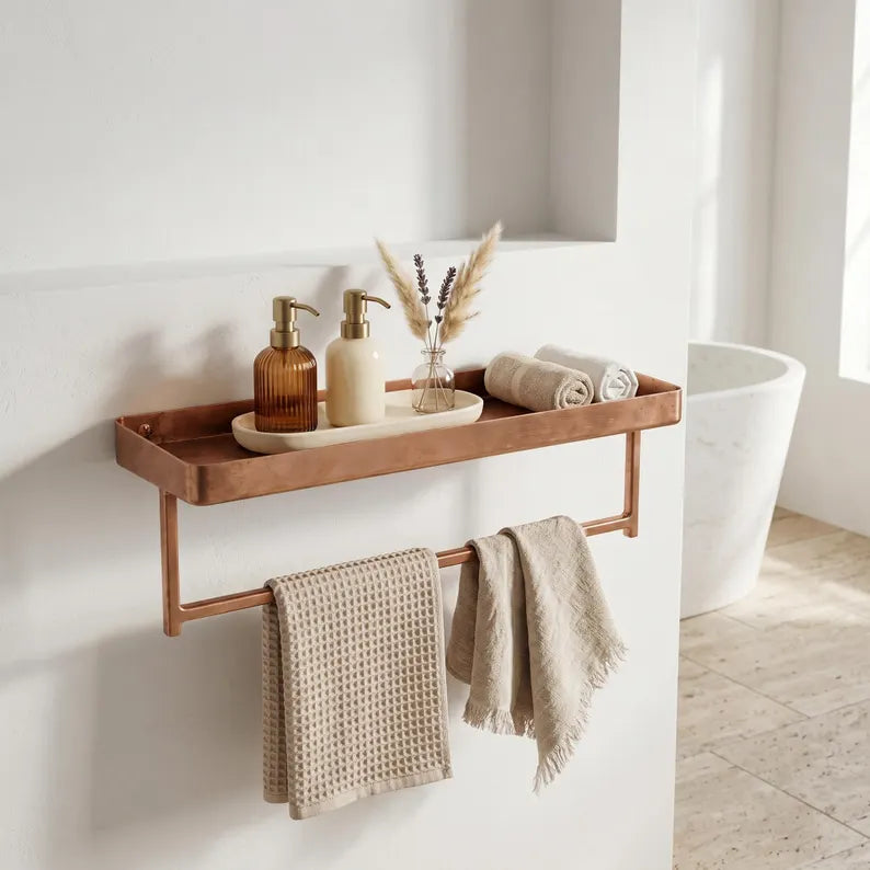 Unlacquered Copper Bathroom Shelf with Towel Bar | Moroccan Artisan Storage Rack