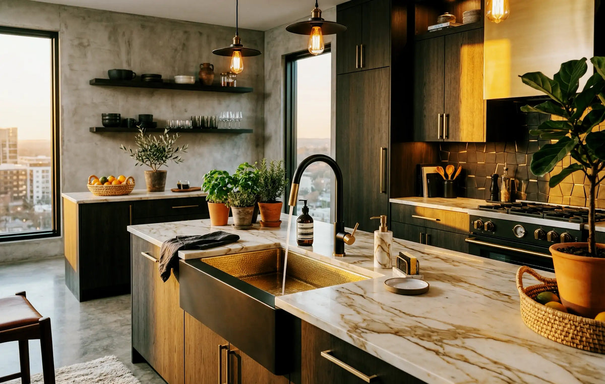 Hammered Brass Farmhouse Sink – Black Apron Front, Handmade Moroccan Kitchen Decor