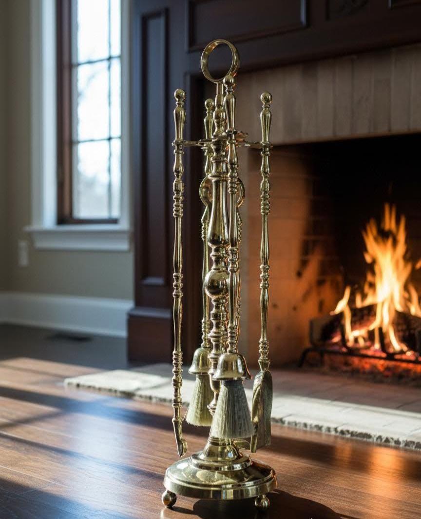 large Handmade Antique Brass Fireplace Tool Set – Vintage Polished