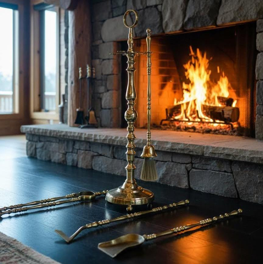 large Handmade Antique Brass Fireplace Tool Set – Vintage Polished