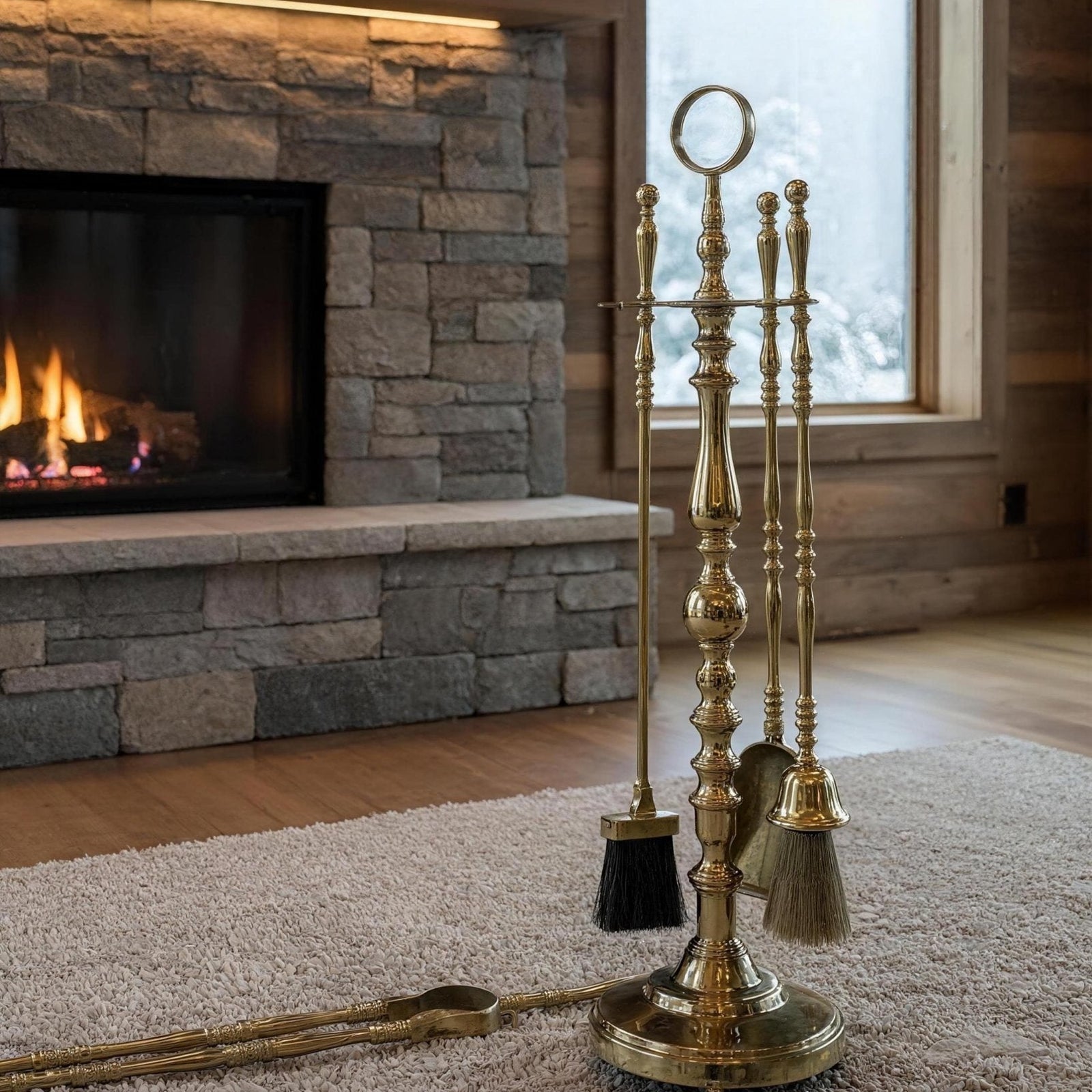 large Handmade Antique Brass Fireplace Tool Set – Vintage Polished Brass Fire Tools, Heavy-Duty Hearth Set for Wood Stove & Fireplace Decor - handcrafted luxury for kitchen and bathroom interiors by Brooklyn Brass