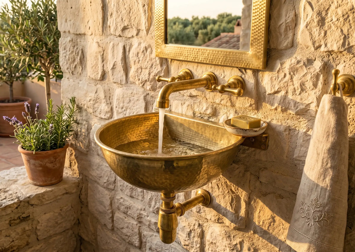 Vintage Brass Wall Mounted Sink with Unlacquered Brass Faucet