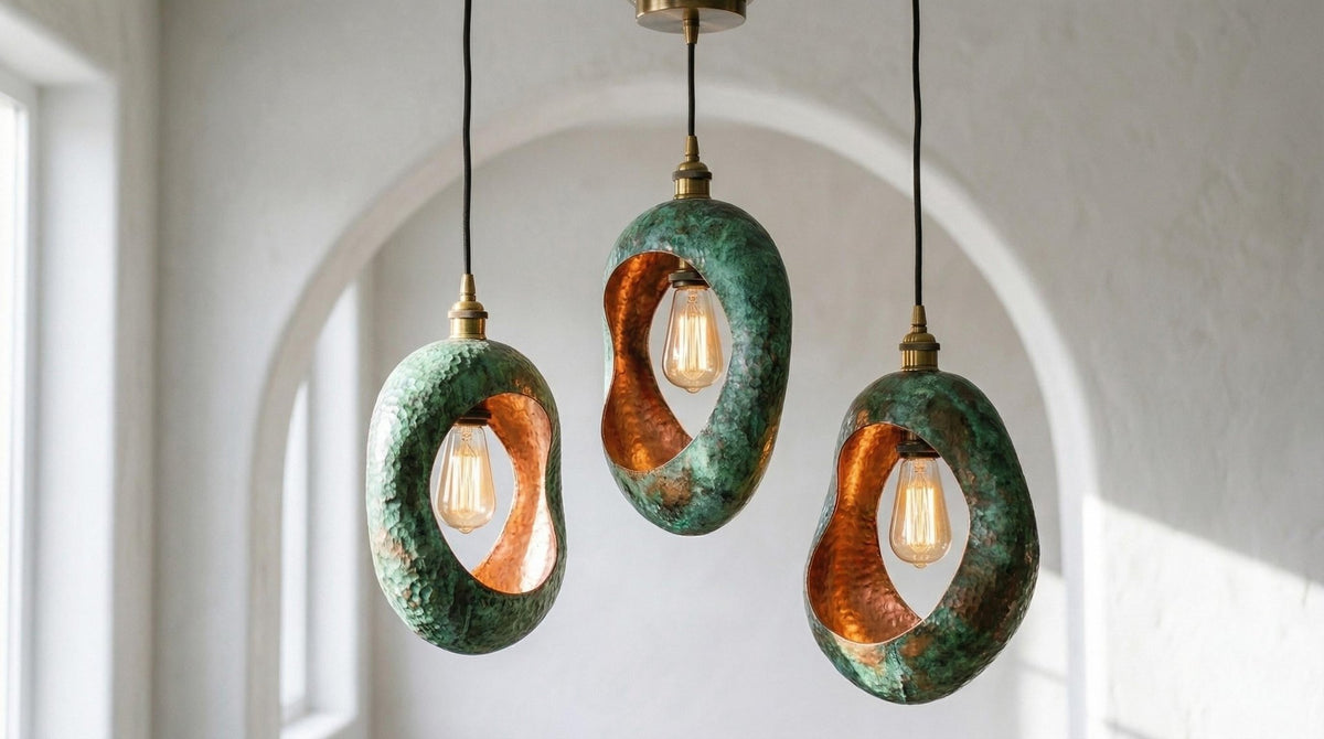 Personalized 5 Set of 3 Green Patina Copper Pendant Lights – Handmade in Morocco | Industrial Cylindrical Kitchen Island, Rustic Farmhouse - handcrafted luxury Pendant Light for kitchen and bathroom interiors by Brooklyn Brass