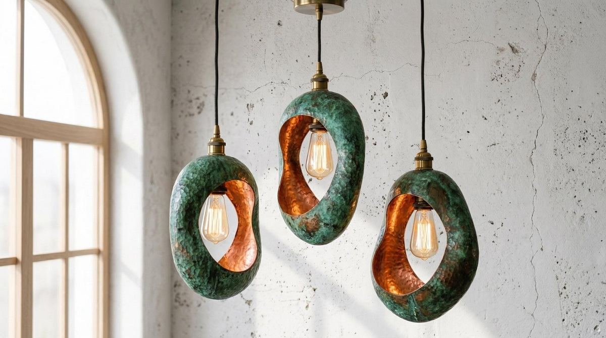 Personalized 5 Set of 3 Green Patina Copper Pendant Lights – Handmade in Morocco | Industrial Cylindrical Kitchen Island, Rustic Farmhouse - handcrafted luxury Pendant Light for kitchen and bathroom interiors by Brooklyn Brass