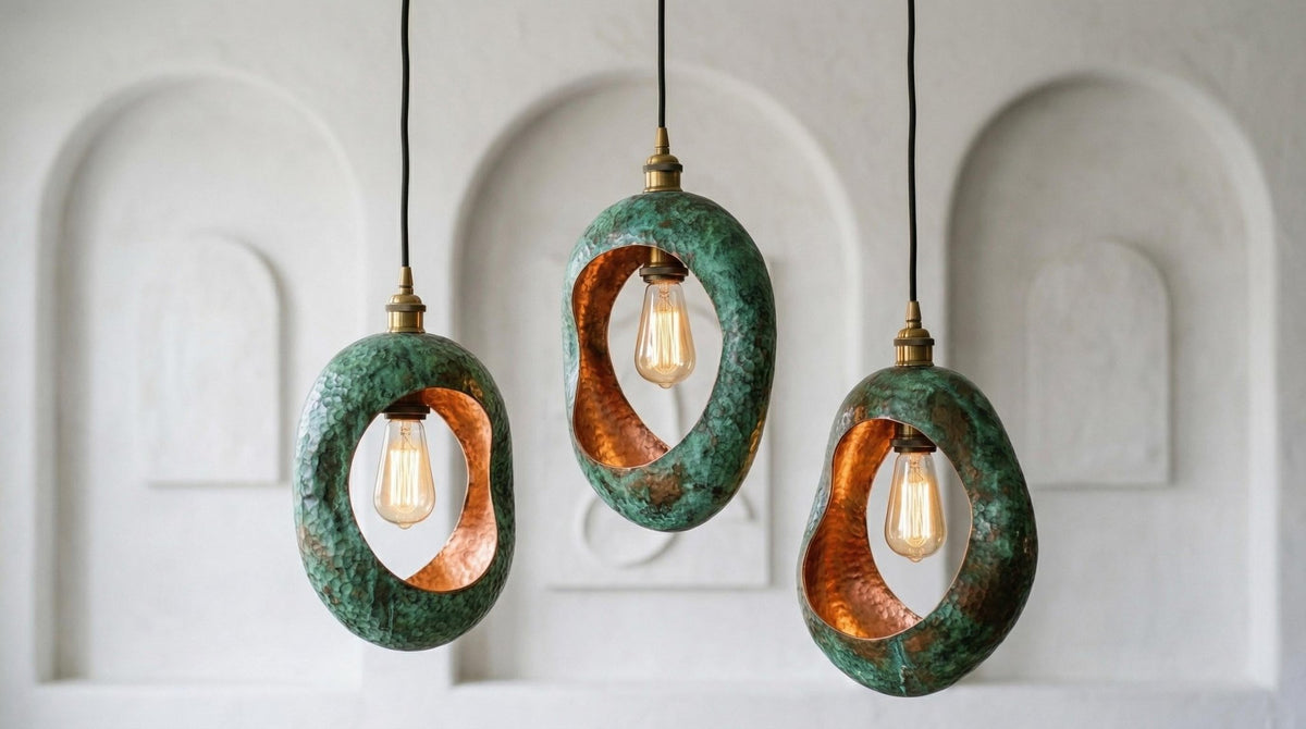 Personalized 5 Set of 3 Green Patina Copper Pendant Lights – Handmade in Morocco | Industrial Cylindrical Kitchen Island, Rustic Farmhouse - handcrafted luxury Pendant Light for kitchen and bathroom interiors by Brooklyn Brass