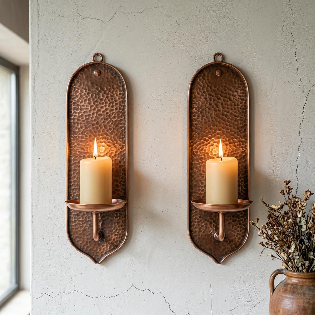 Set of 2 Green Patina Hammered Copper Arched Sconces – Handmade Brass Wall Candle Holders - handcrafted luxury for kitchen and bathroom interiors by Brooklyn Brass
