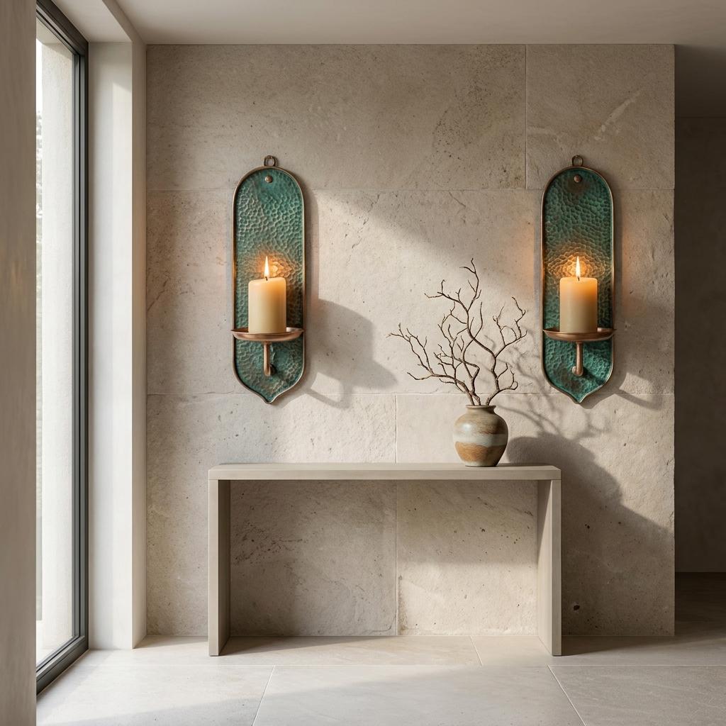 Set of 2 Green Patina Hammered Copper Arched Sconces – Handmade Brass Wall Candle Holders - handcrafted luxury for kitchen and bathroom interiors by Brooklyn Brass