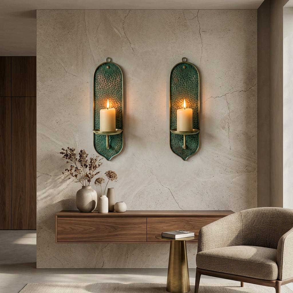 Set of 2 Green Patina Hammered Copper Arched Sconces – Handmade Brass Wall Candle Holders - handcrafted luxury for kitchen and bathroom interiors by Brooklyn Brass