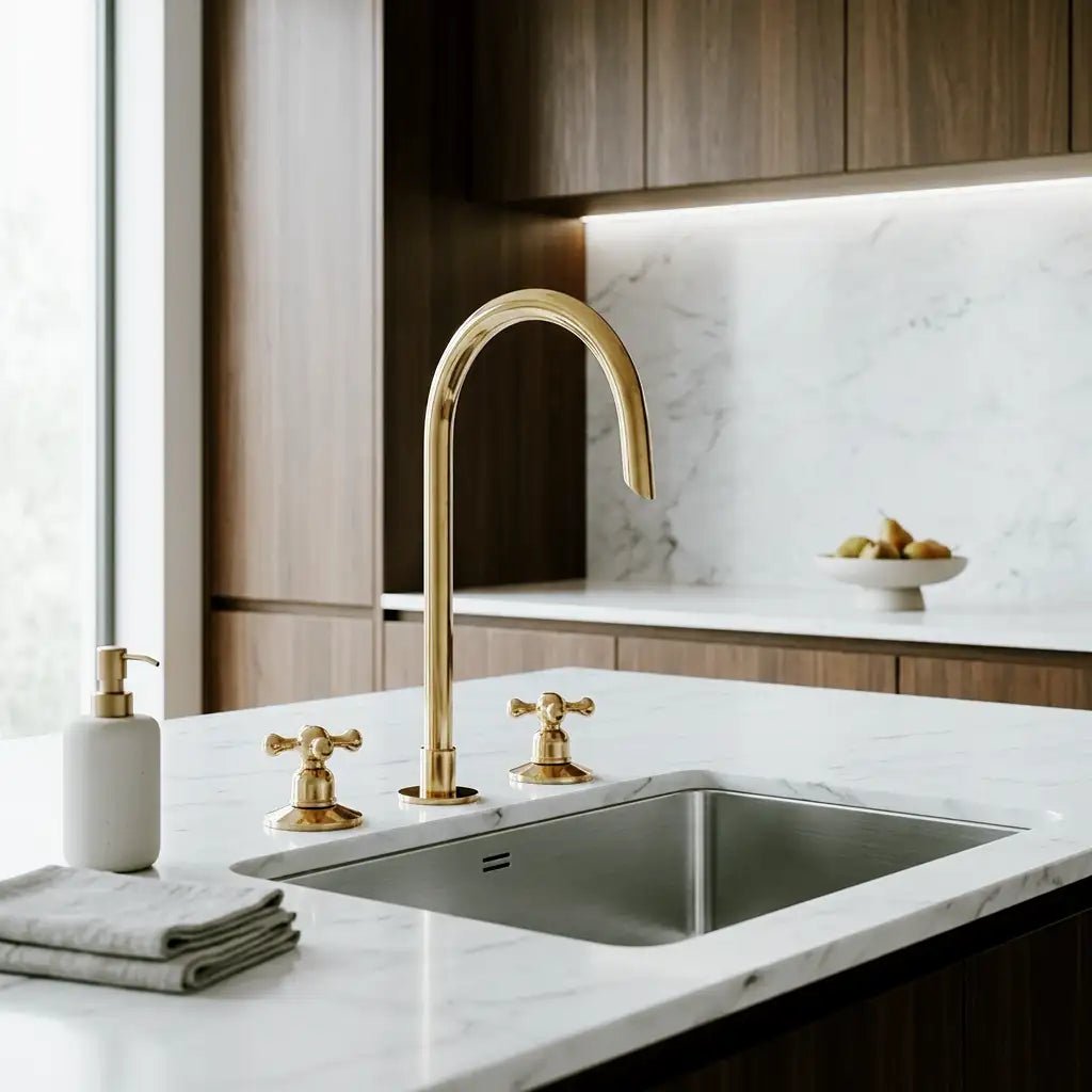 Snake Style Widespread 3 Holes Solid Unlacquered Brass Faucet - handcrafted luxury Kitchen Faucets for kitchen and bathroom interiors by Brooklyn Brass