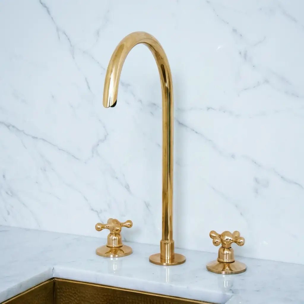 Snake Style Widespread 3 Holes Solid Unlacquered Brass Faucet - handcrafted luxury Kitchen Faucets for kitchen and bathroom interiors by Brooklyn Brass