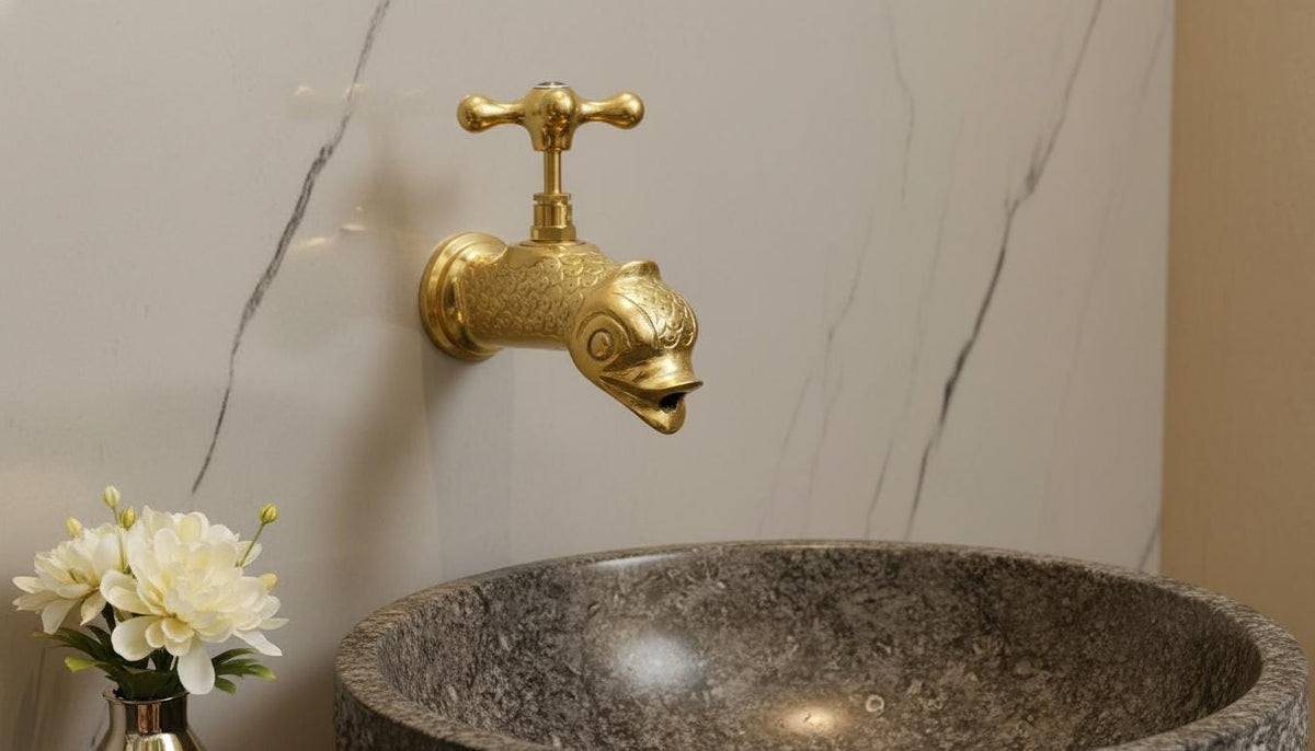 Solid Brass Fish Faucet, Nautical Wall Mount Tap, Moroccan Artisan Spigot Decor - handcrafted luxury for kitchen and bathroom interiors by Brooklyn Brass