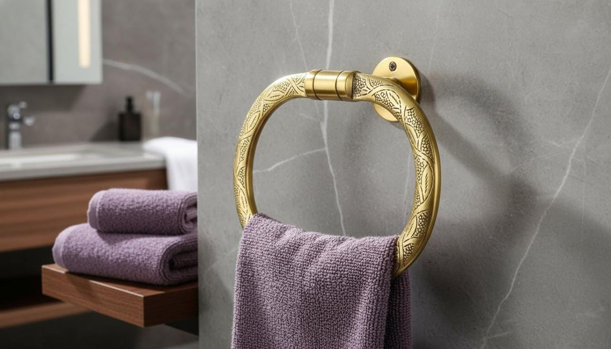 Solid Brass Hand - Engraved Moroccan Towel Ring Holder, Luxury Bath Accessory - handcrafted luxury for kitchen and bathroom interiors by Brooklyn Brass
