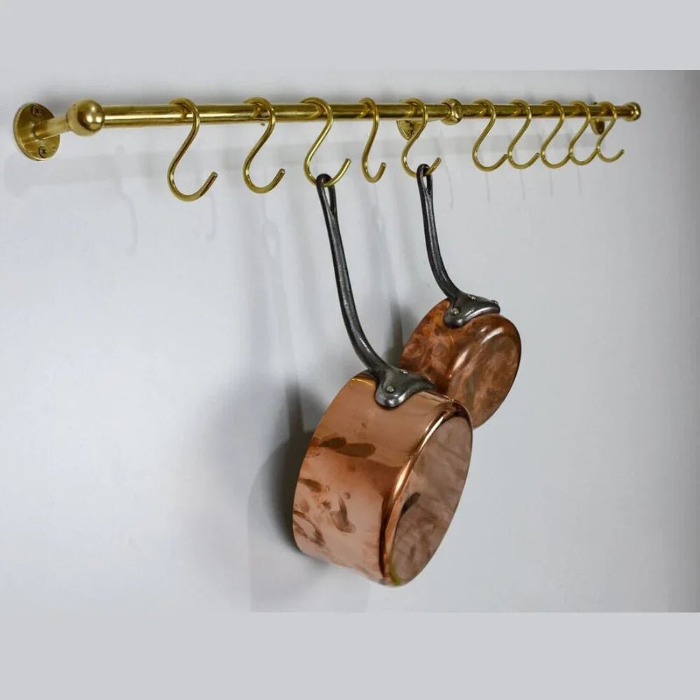 Solid Brass Pot Rail With Hooks, Unlacquered Brass Kitchen Pot Rack, Pot Hangers - handcrafted luxury Hardware and Drains for kitchen and bathroom interiors by Brooklyn Brass