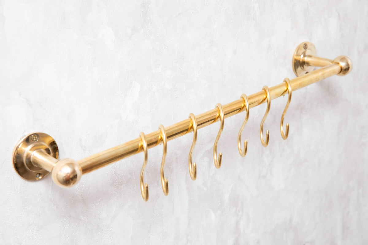 Solid Brass Pot Rail With Hooks, Unlacquered Brass Kitchen Pot Rack, Pot Hangers - handcrafted luxury Hardware and Drains for kitchen and bathroom interiors by Brooklyn Brass