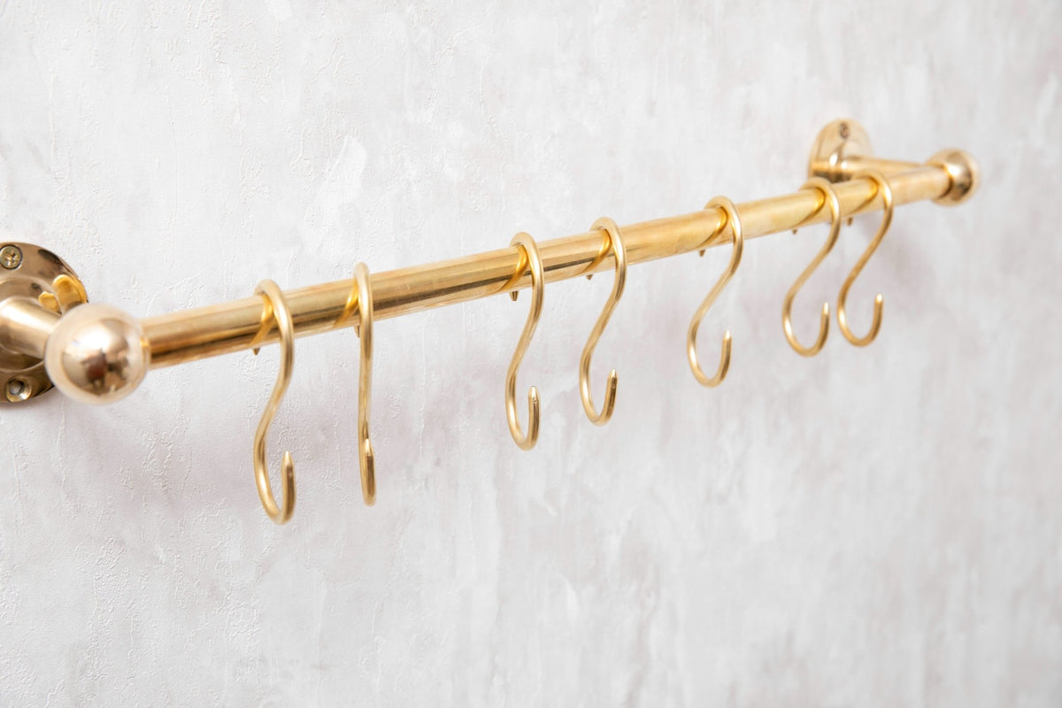 Solid Brass Pot Rail With Hooks, Unlacquered Brass Kitchen Pot Rack, Pot Hangers - handcrafted luxury Hardware and Drains for kitchen and bathroom interiors by Brooklyn Brass