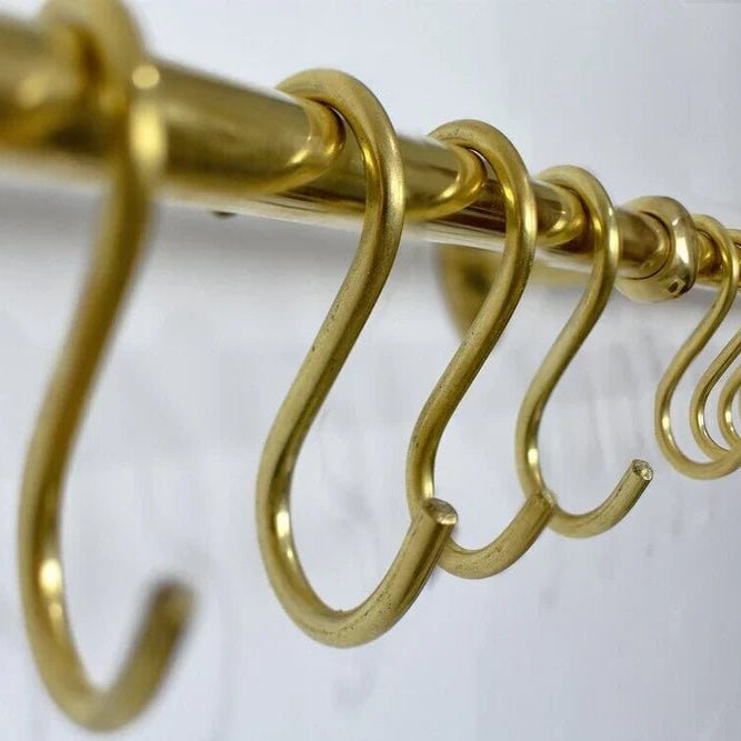 Solid Brass Pot Rail With Hooks, Unlacquered Brass Kitchen Pot Rack, Pot Hangers - handcrafted luxury Hardware and Drains for kitchen and bathroom interiors by Brooklyn Brass