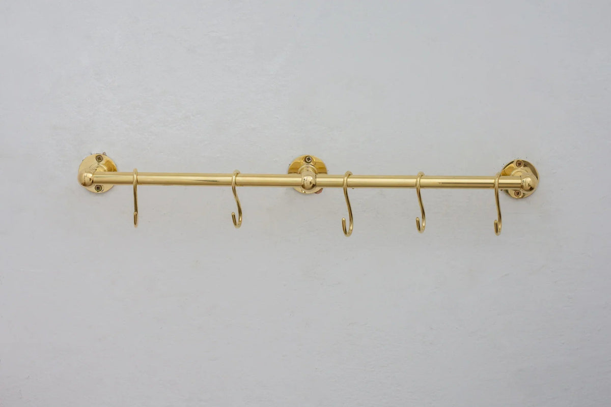 Solid Brass Pot Rail With Hooks, Unlacquered Brass Kitchen Pot Rack, Pot Hangers - handcrafted luxury Hardware and Drains for kitchen and bathroom interiors by Brooklyn Brass