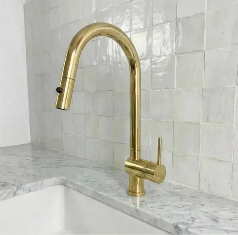 Solid Brass Pull Down Kitchen Faucet, Single Hole Kitchen Faucet - handcrafted luxury Kitchen Faucets for kitchen and bathroom interiors by Brooklyn Brass