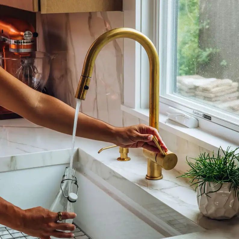 Solid Brass Pull Down Kitchen Faucet, Single Hole Kitchen Faucet - handcrafted luxury Kitchen Faucets for kitchen and bathroom interiors by Brooklyn Brass