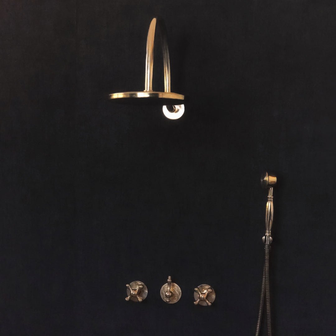 Solid Brass Rainfall Shower, Unlacquered Brass 2 outlet Shower Set - handcrafted luxury Showers for kitchen and bathroom interiors by Brooklyn Brass