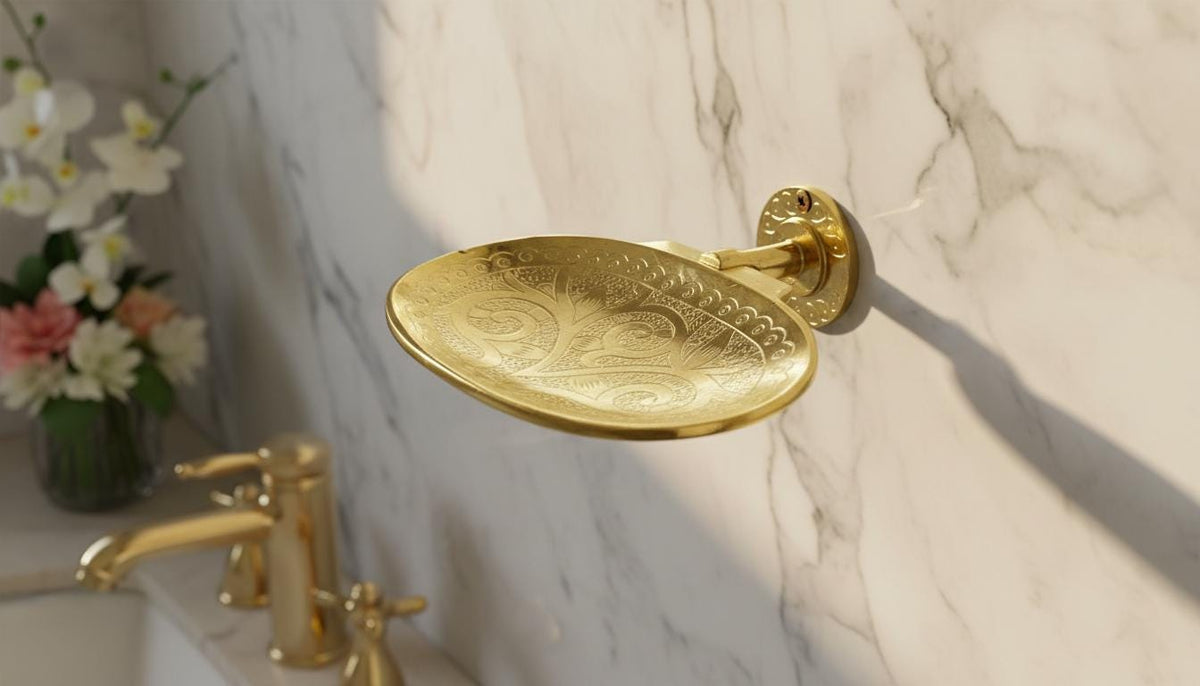 Solid Brass Wall - Mounted Soap Dish, Hand - Engraved Moroccan Design - handcrafted luxury for kitchen and bathroom interiors by Brooklyn Brass