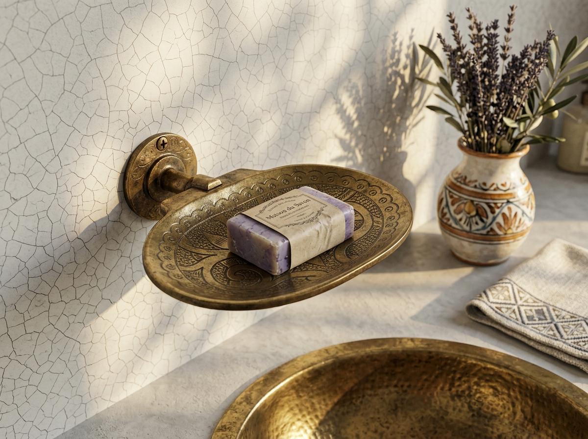Solid Brass Wall - Mounted Soap Dish, Hand - Engraved Moroccan Design - handcrafted luxury for kitchen and bathroom interiors by Brooklyn Brass