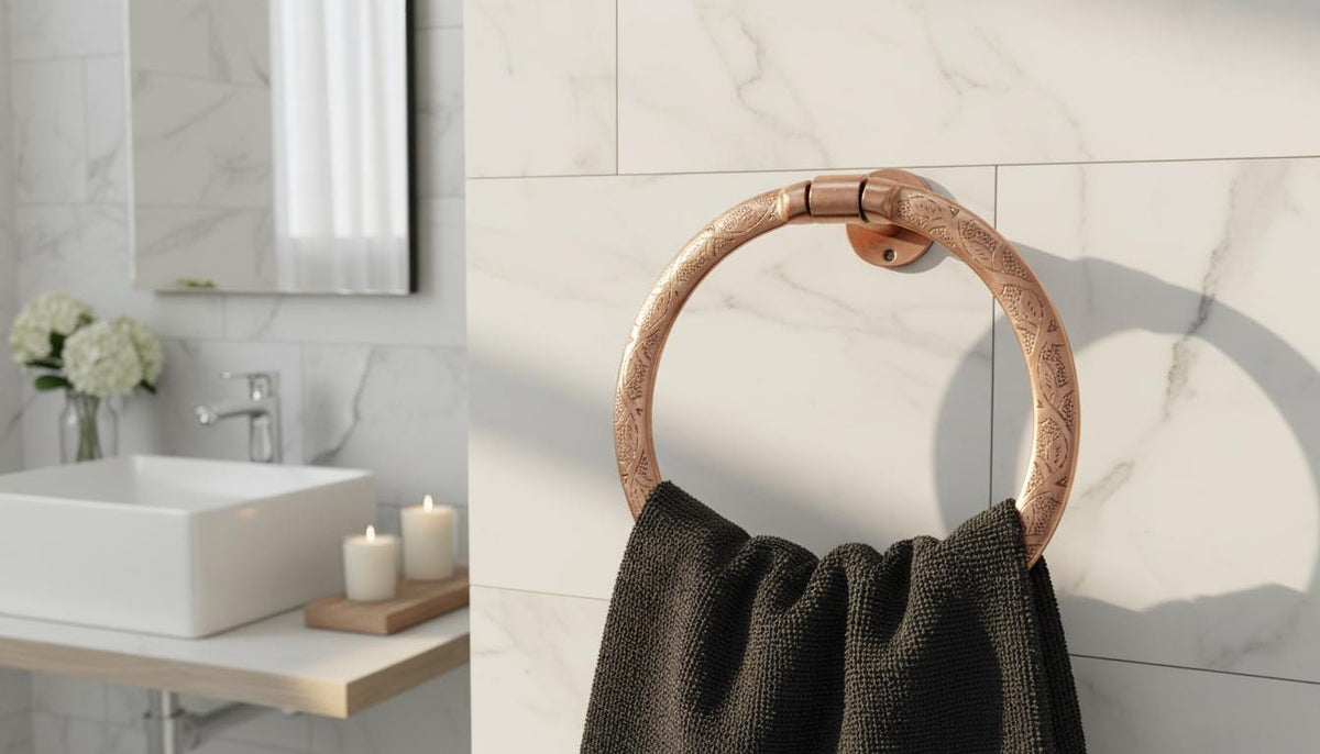 Solid Copper Towel Ring – Hand - Engraved Moroccan Style Bathroom Holder - handcrafted luxury for kitchen and bathroom interiors by Brooklyn Brass