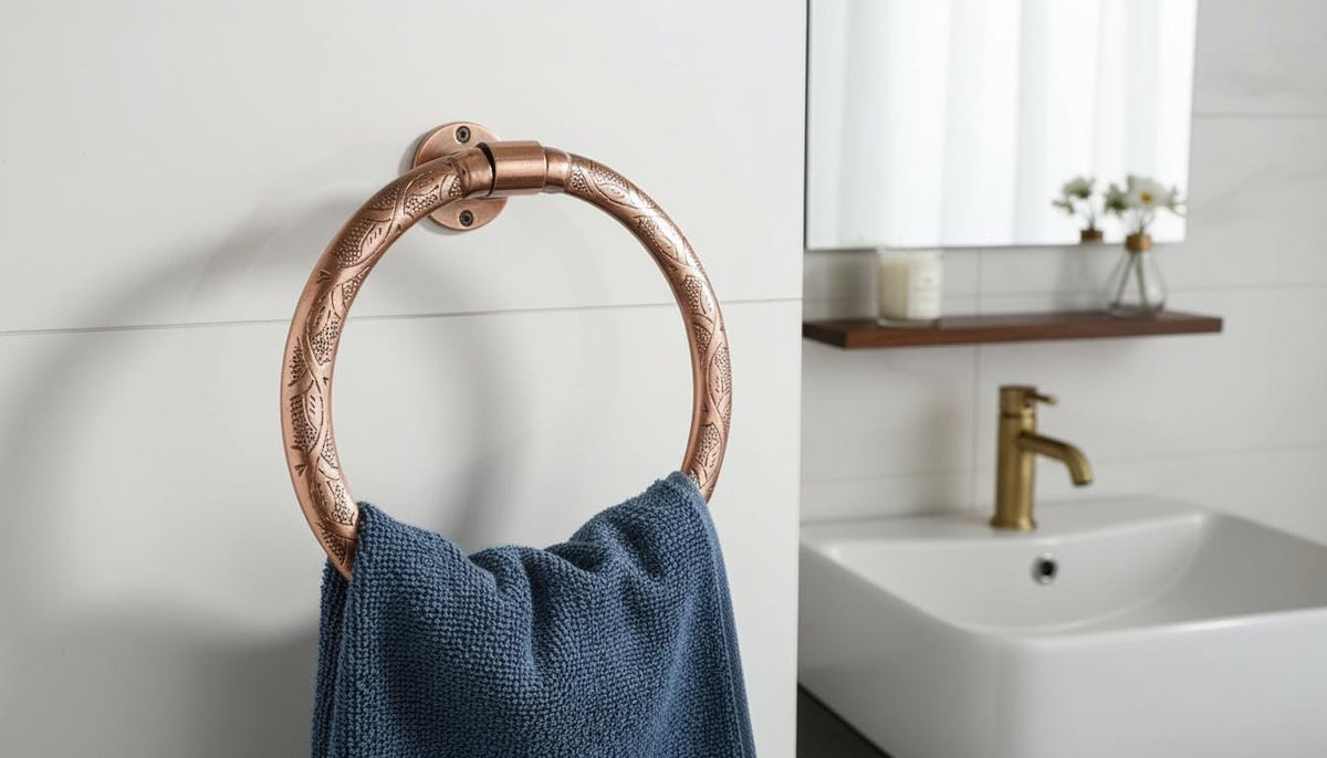 Solid Copper Towel Ring – Hand - Engraved Moroccan Style Bathroom Holder - handcrafted luxury for kitchen and bathroom interiors by Brooklyn Brass