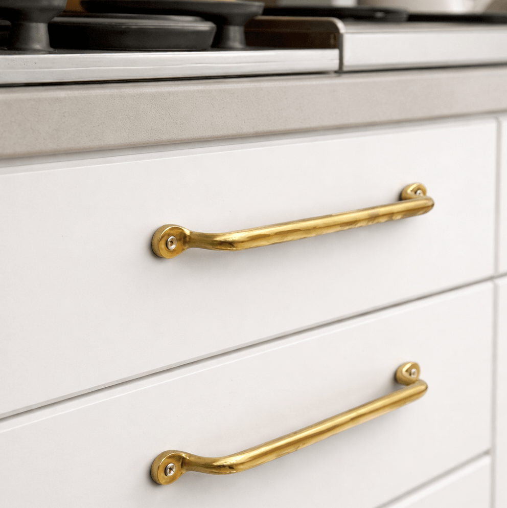 Solid Unlacquered Brass Cabinet Pulls - handcrafted luxury Hardware and Drains for kitchen and bathroom interiors by Brooklyn Brass