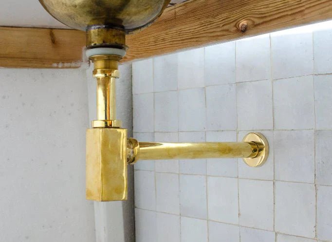 Solid Unlacquered Brass P - trap and Sink Stopper, Push Up Button, Pop Up Drain, Brass Water Trap - handcrafted luxury Hardware and Drains for kitchen and bathroom interiors by Brooklyn Brass