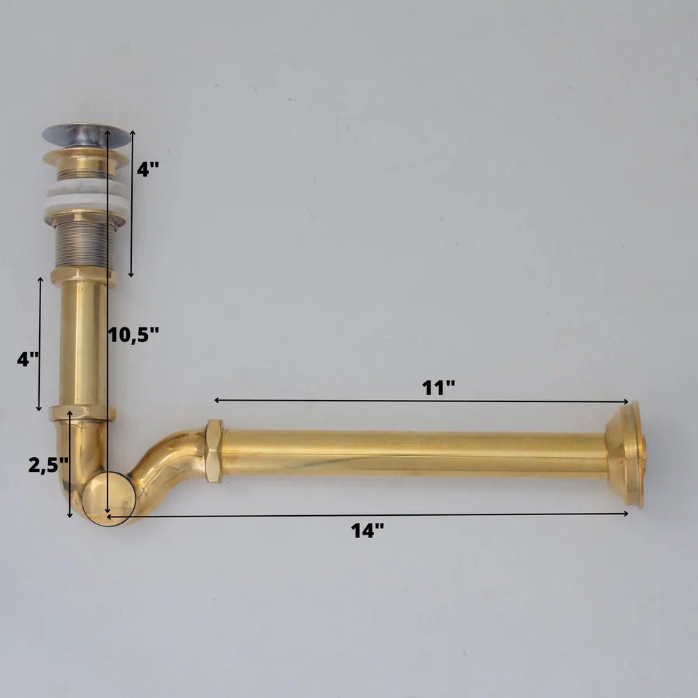 Solid Unlacquered Brass S - trap and Sink Stopper, Push Up Button, Pop Up Drain, Brass Water Trap - handcrafted luxury Hardware and Drains for kitchen and bathroom interiors by Brooklyn Brass