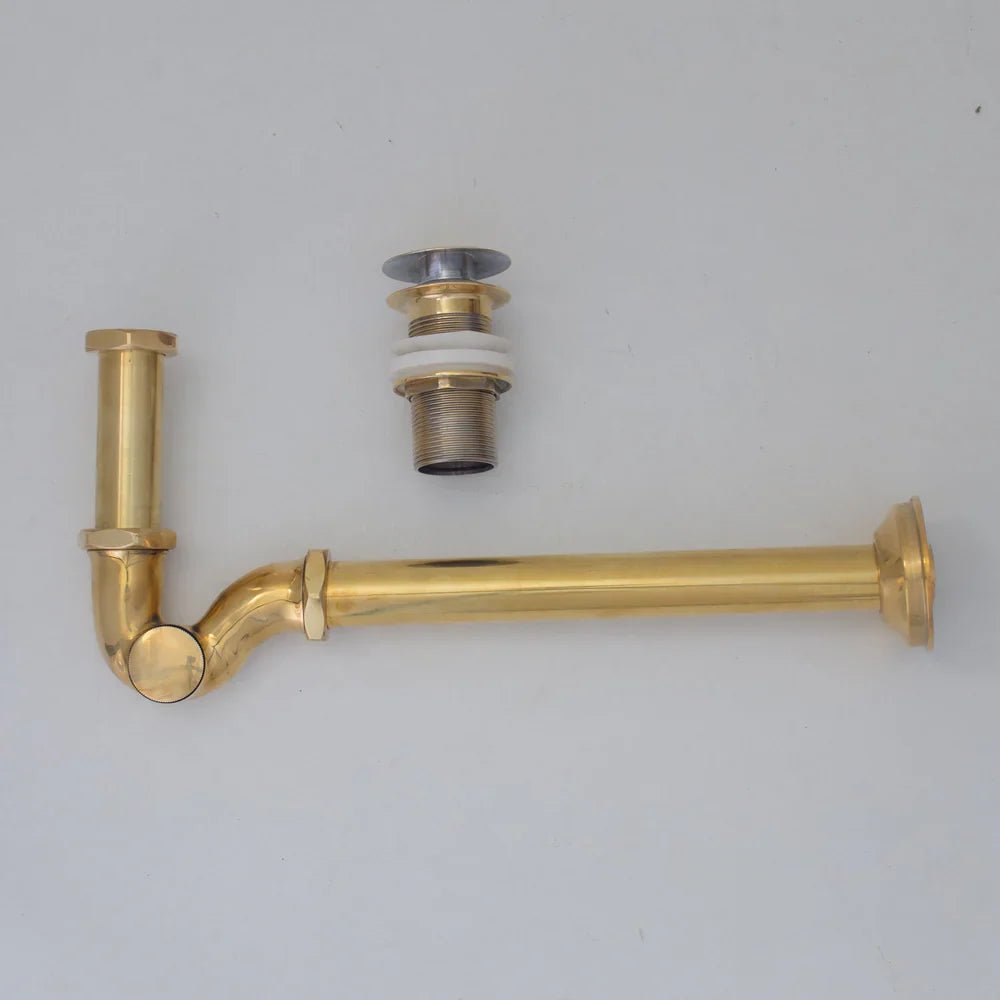 Solid Unlacquered Brass S - trap and Sink Stopper, Push Up Button, Pop Up Drain, Brass Water Trap - handcrafted luxury Hardware and Drains for kitchen and bathroom interiors by Brooklyn Brass