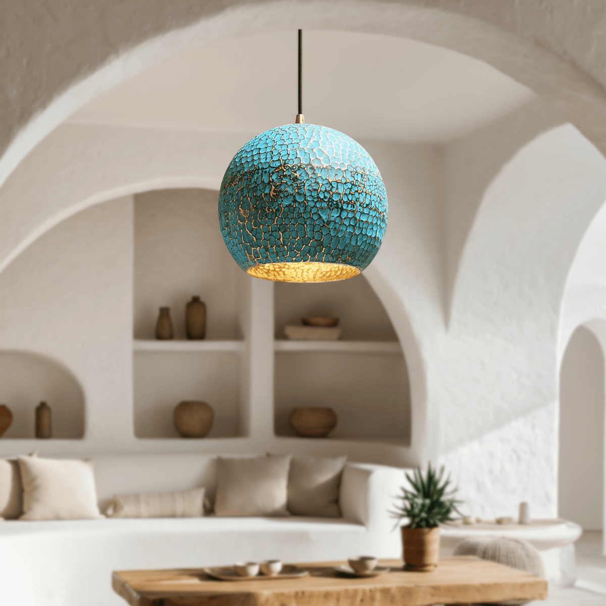 Turquoise Patina Brass Pendant – Dome Ceiling Light for Rustic Interiors - handcrafted luxury for kitchen and bathroom interiors by Brooklyn Brass
