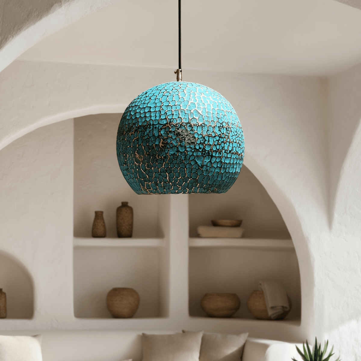 Turquoise Patina Brass Pendant – Dome Ceiling Light for Rustic Interiors - handcrafted luxury for kitchen and bathroom interiors by Brooklyn Brass