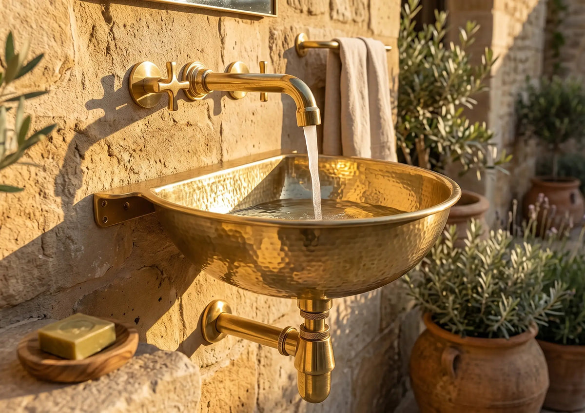 Vintage Brass Wall Mounted Sink with Unlacquered Brass Faucet