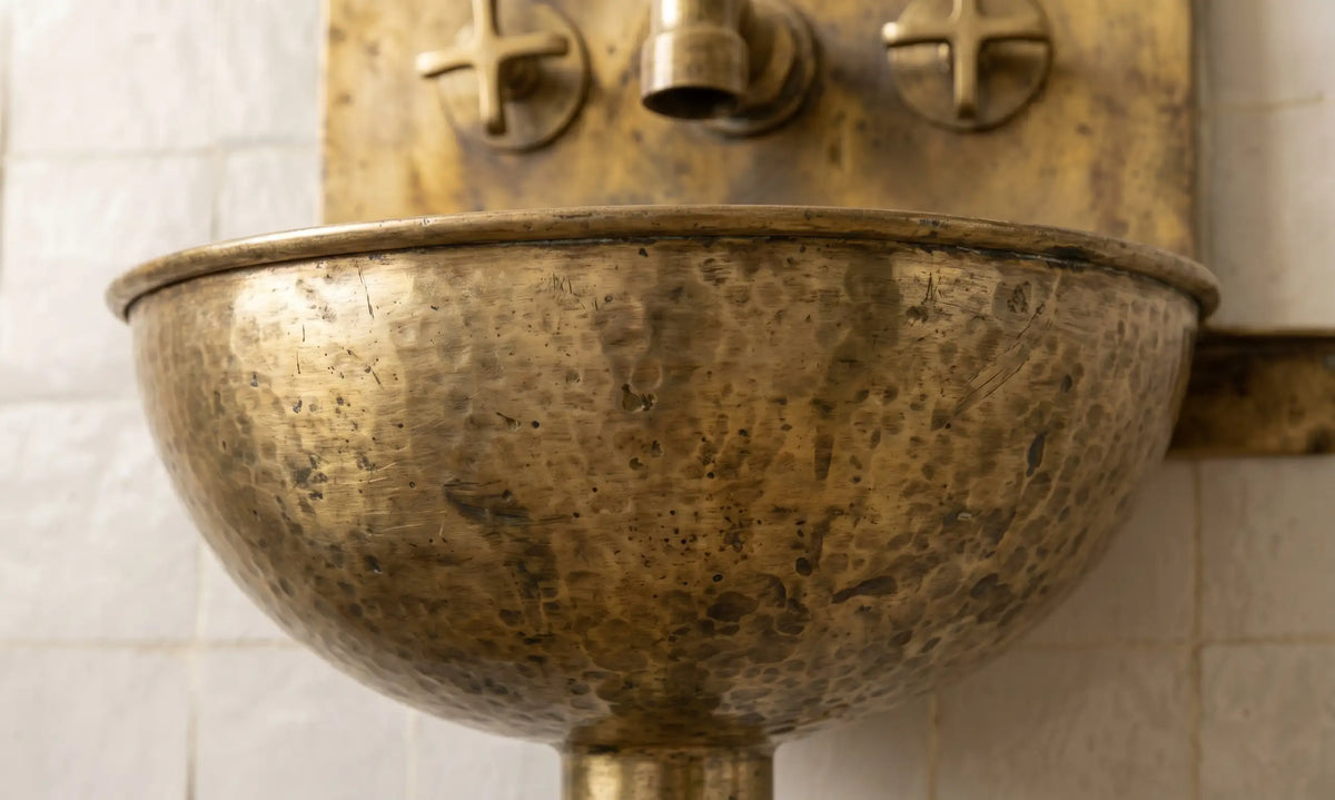 Unlacquered Brass Wall Sink – Hammered Bathroom Basin with Faucet