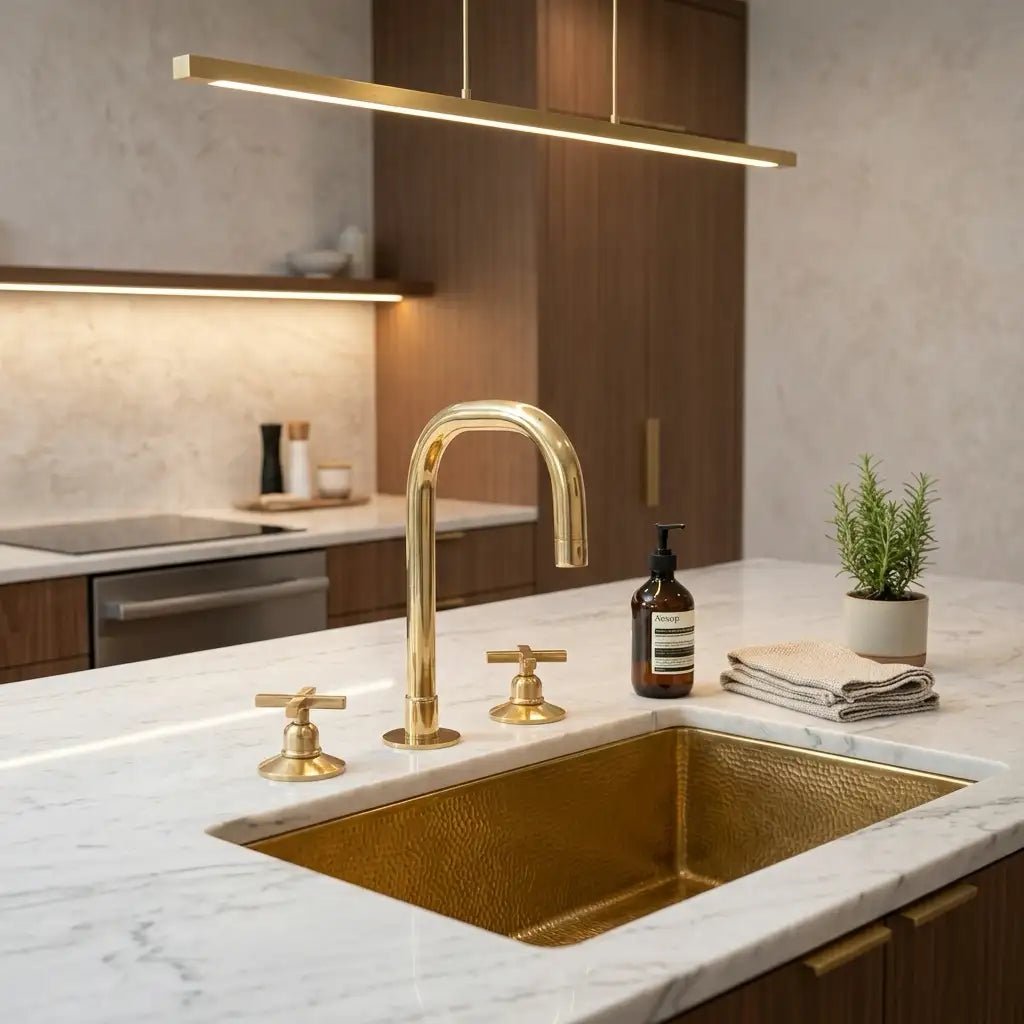 Unlacquered Brass 3 Holes Widespread Faucet - Deck Mount Brass Bathroom Tap - handcrafted luxury Bathroom Faucets for kitchen and bathroom interiors by Brooklyn Brass