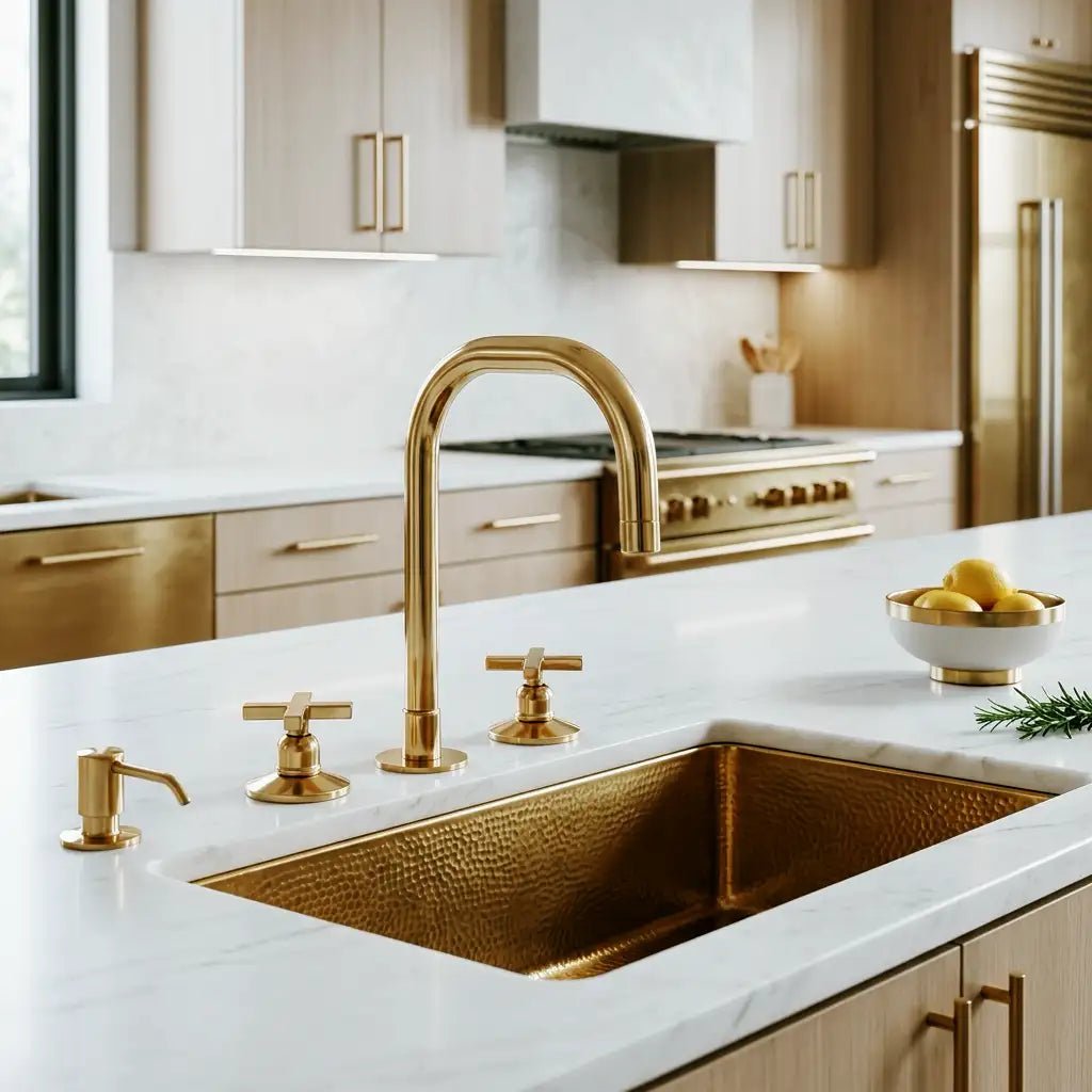 Unlacquered Brass 3 Holes Widespread Faucet - Deck Mount Brass Bathroom Tap - handcrafted luxury Bathroom Faucets for kitchen and bathroom interiors by Brooklyn Brass